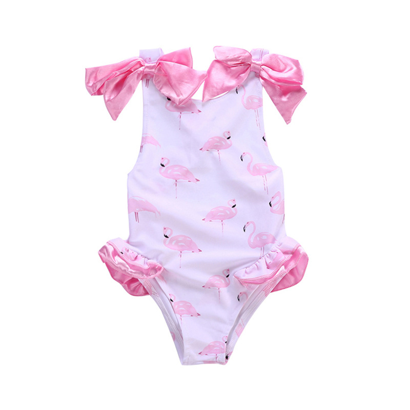

2018 Baby Girls Swimsuit Cartoon Kids Swimwear with Swimming Bow Flamingo Printed Swimwerar 2018 Sweet Girls Pink One Piece swim wear Z11, As photo
