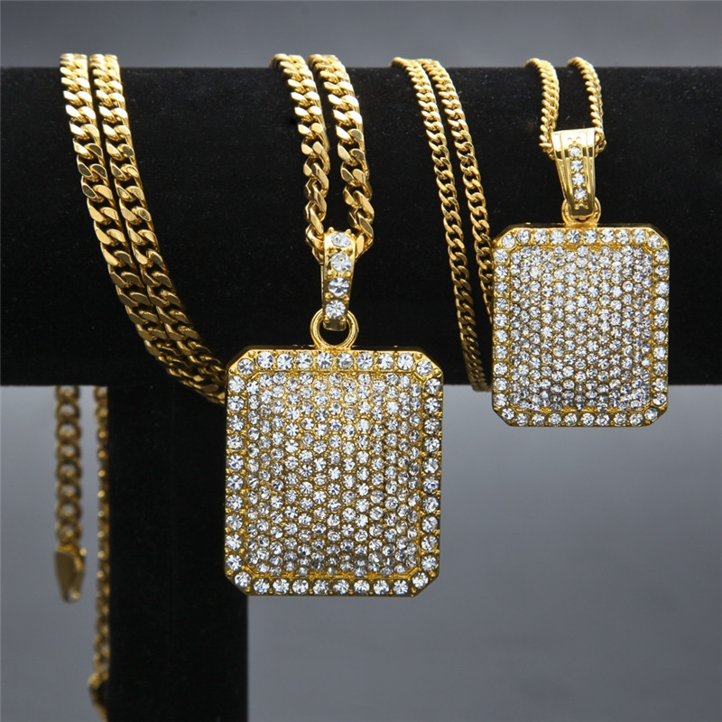 

New Fashion Gold Plated Hiphop Necklaces&Pendants Men Shining CZ Crystal Geometric Square Pendant Necklace 60 70CM Chain GM