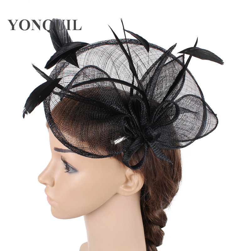 

Women black or 17 colors fascinators 25cm large hat headwear wedding sinamay base hat feather adorn hair accessories suit all season SYF104