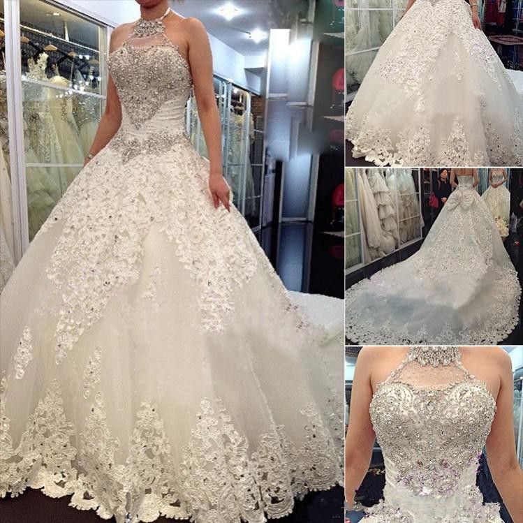 

2019 Newest Luxury Wedding Dresses With Halter Swarovski Crystals Beads Backless A Line Chapel Train Lace Bling Customed Ivory Bridal Gowns, Pink