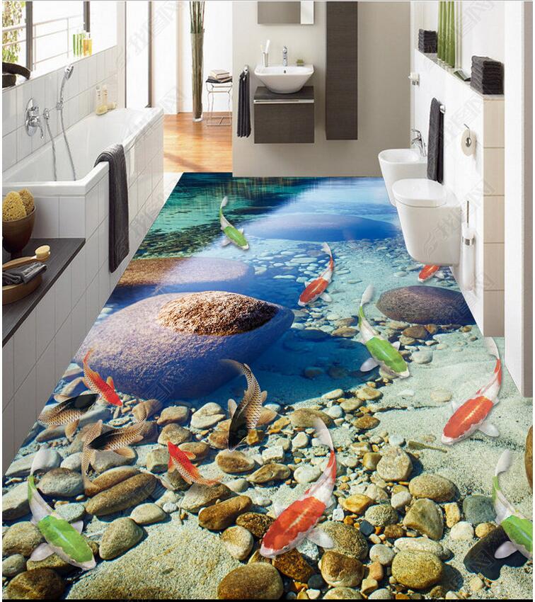 

3d pvc flooring custom photo Waterproof floor wall sticker Hd natural lake nine fish floor decorative painting 3d wall murals wallpaper, Sky blue