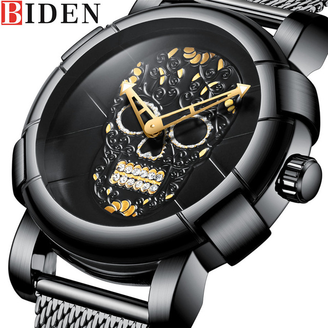 

BIDEN Men Watch Top Sport Mens Watches Skull Pattern Stainless Steel Army Business Fashion Quartz Male Clock, Silver