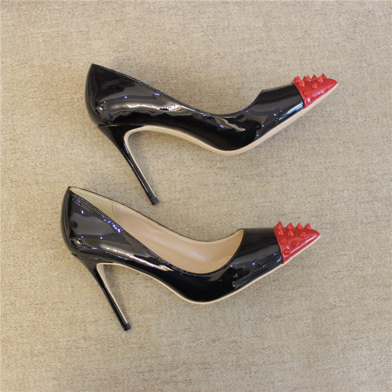 

Free Shipping women lady woman 2019 new black Patent leather spikes Rivets Poined Toes Wedding heels Stiletto High Heels shoes pumps 12cm