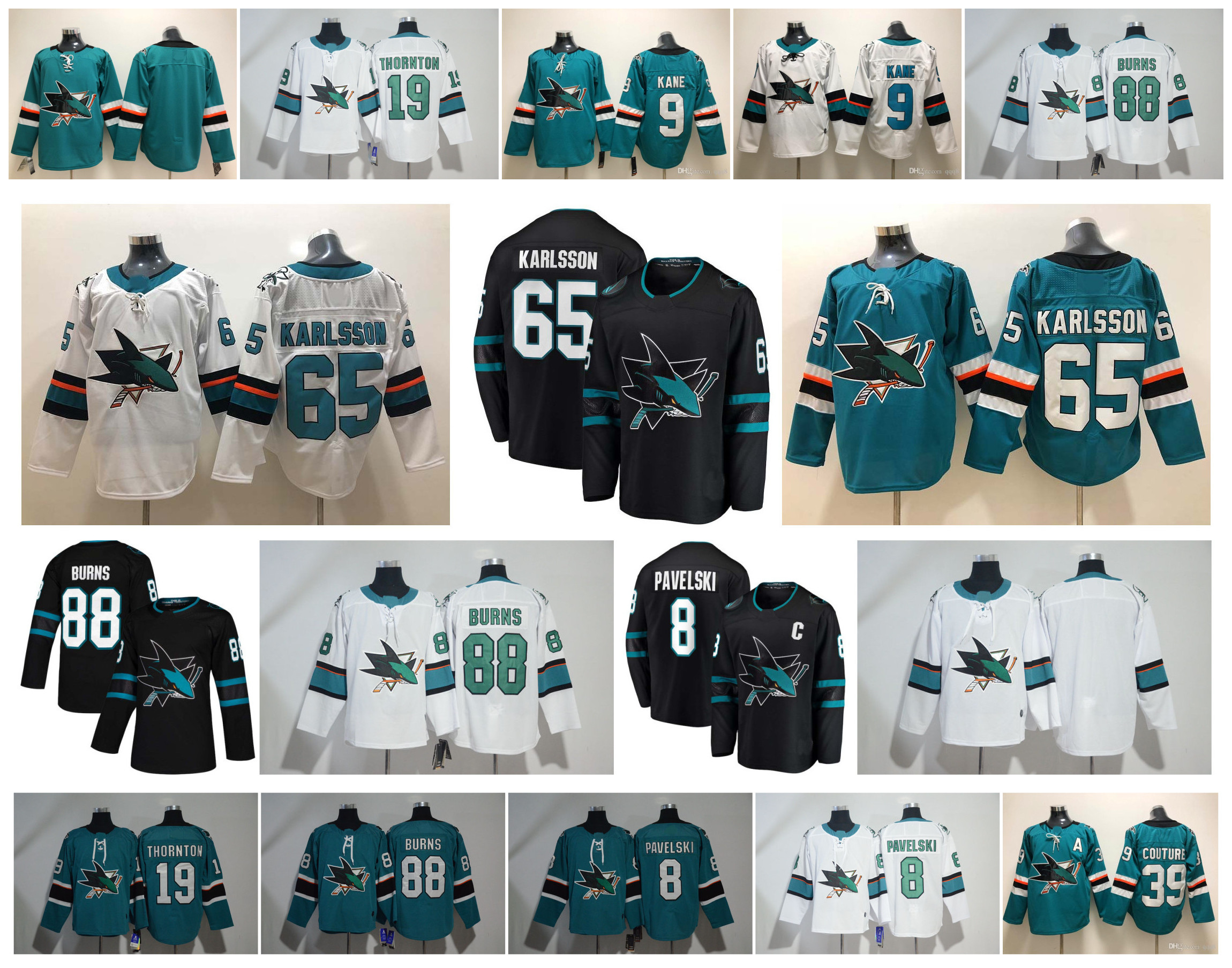 

San Jose Sharks Black Jersey 65 Erik Karlsson 9 Evander Kane 88 Brent Burns 8 Joe Pavelski 19 Joe Thornton 39 Logan Couture Stitched Hockey, As pic