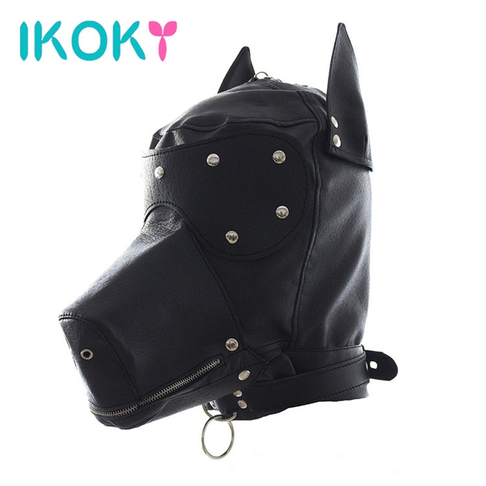 PU-Leather Lockable Headgear Head Restraint Mask Zipper Hood Slave Harness Fun