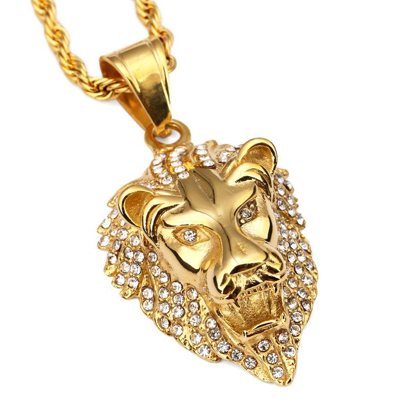 

2018 Pendant Necklace Fashion Hip Hop Lion Head Crystal Rhinestone Titanium Steel Personality Men Jewelry Exquisite Necklaces, Silver