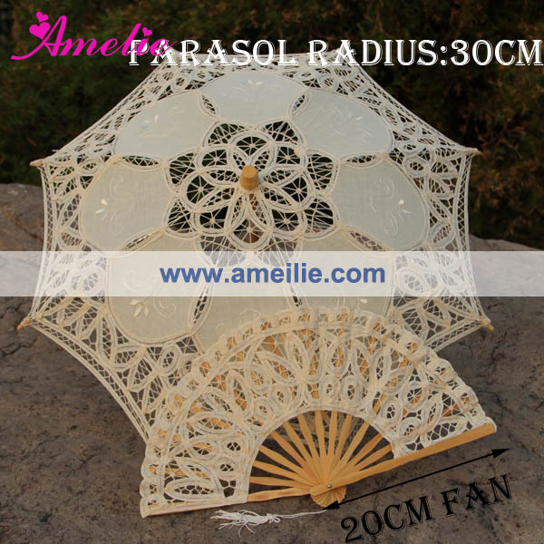 

Wholesale-Free Shipping,Children's White and Beige Vintage Lace Parasol And Fan