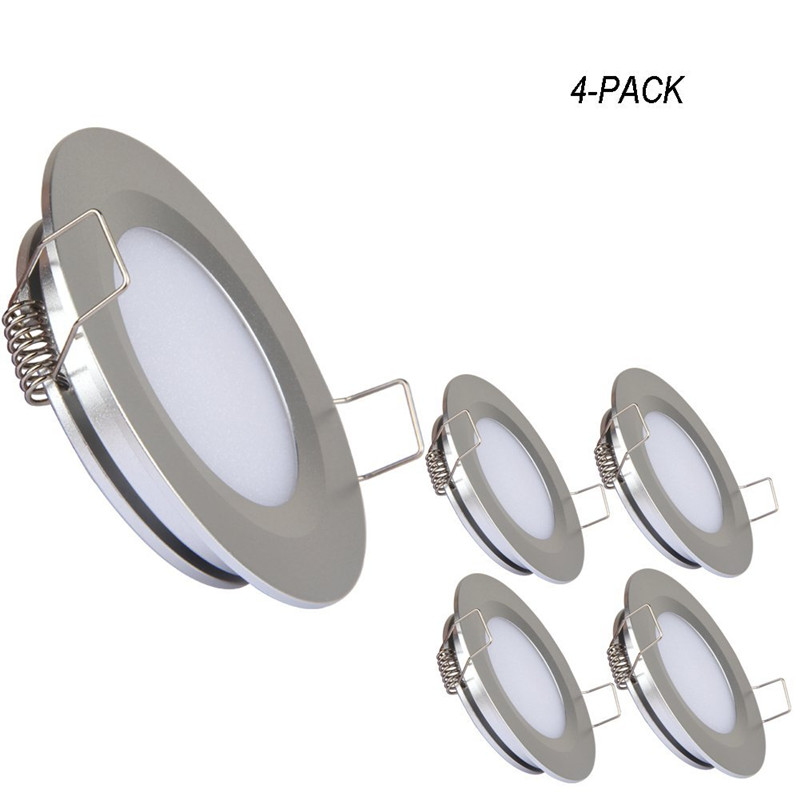 

Topoch LED Panel Downlight 4-Pack Super Slim Spring Clips Mount DC12V 3W 240LM Full Aluminum Nickel White Silver Color for House RV Boat