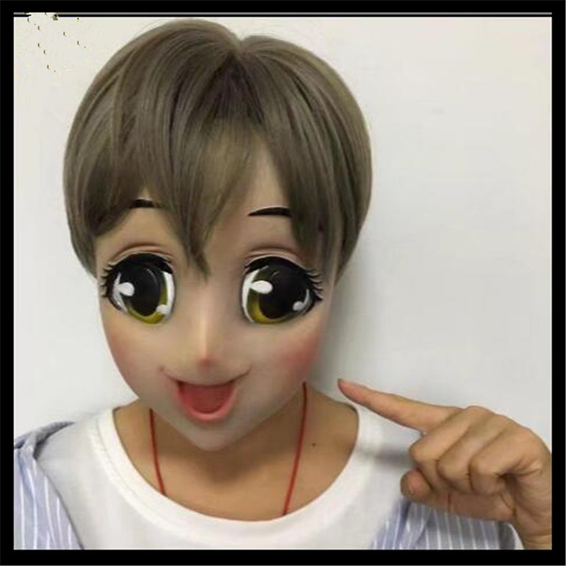 

Hot 2018 New Anime Girl Mask Cosplay Cartoon Crossdresser Latex Adult Blue Eyes Cute Anime Female Face Masken Free Shipping