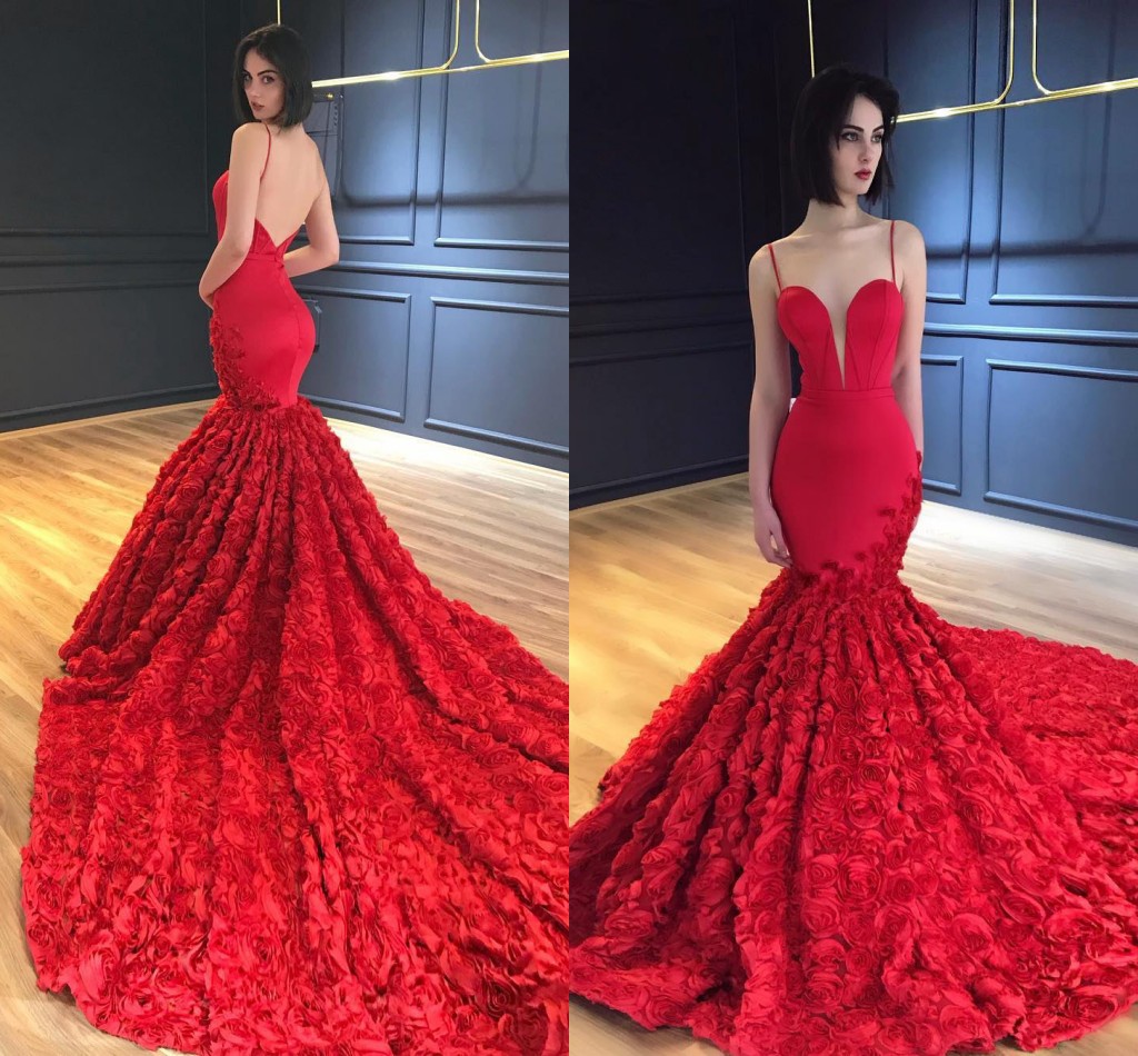 

New Design Long Red New Arrival Prom Dresses Spaghetti Straps Backless Handmade Flowers Formal Dresses Evening Wear vestidos de fiesta, Fuchsia