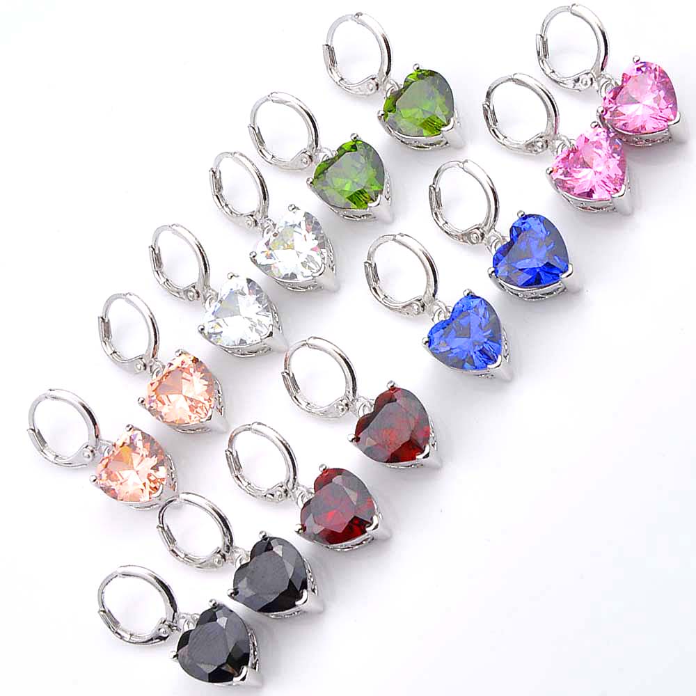 

2019 Newest Jewelry colorful Heart-shaped Morganite Peridot Garnet Earrings Silver For Women Gift CZ Zircon Hoop Earrings Free Shipping