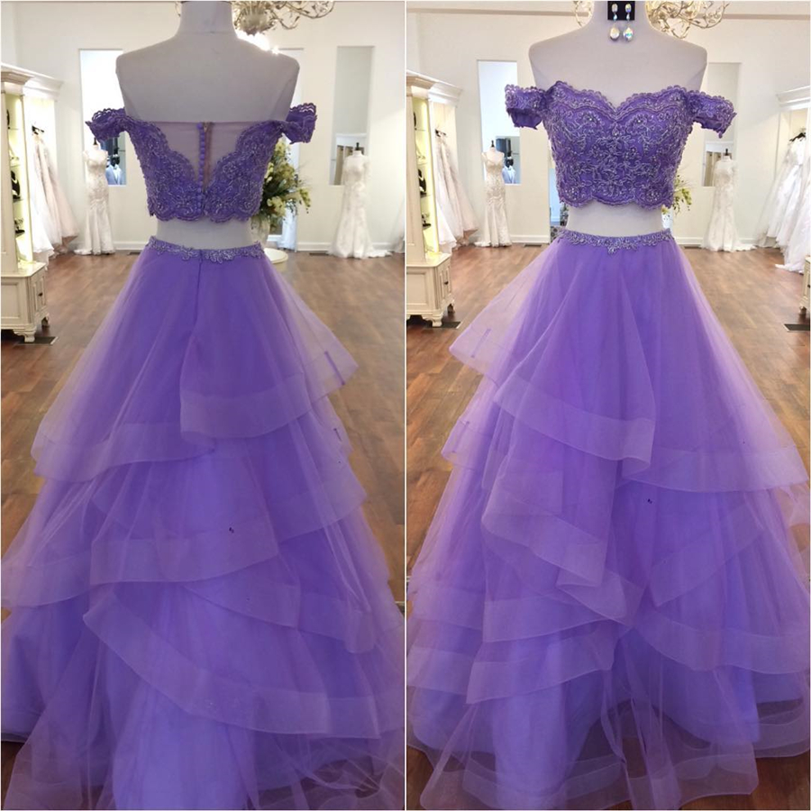 Off Shoulder Appliques Lace Sexy Two Piece Prom Dresses Hand Beading A-line Lilac Tulle Evening Gowns Purple Tulle prom Party Dress