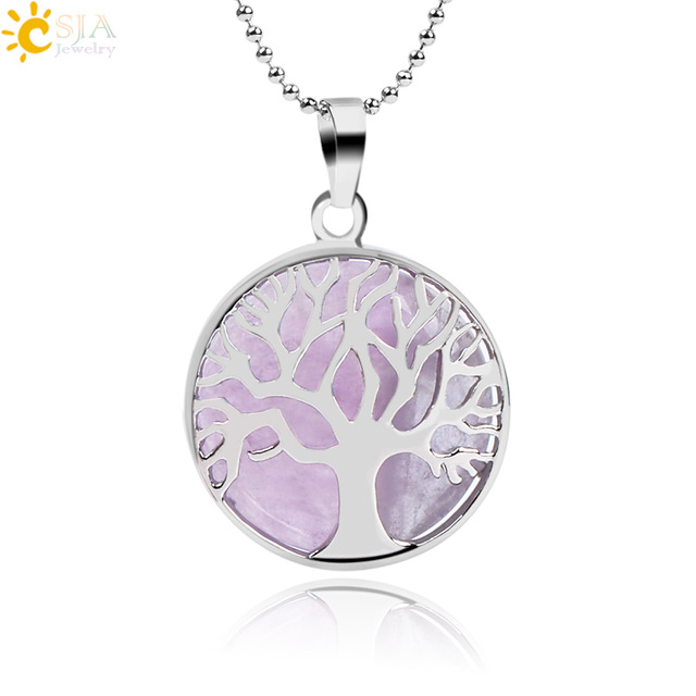 

CSJA Natural Round Stone Kabbalah Tree of Life Pendant Necklaces Rose Quartz White Crystal Lapis Lazuli Tiger Eye Amethyst Necklace F044 A