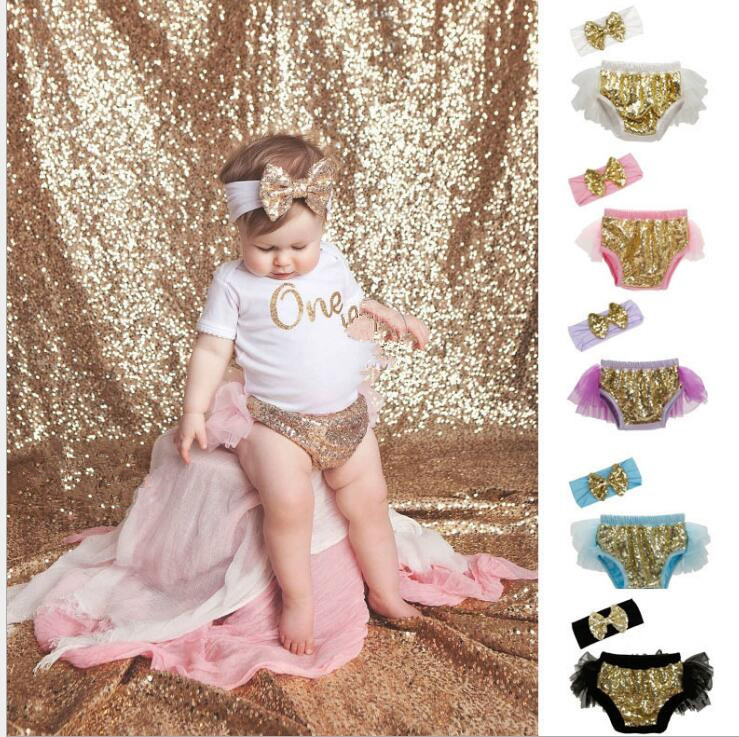 

Girls Bow Headbands Sequins Bloomers Set Baby Ruffled Diaper Covers Princess Shorts Boutique Underwear 17 color KKA4037, 1 set=2pcs=1 lot =1 headband+1 shorts