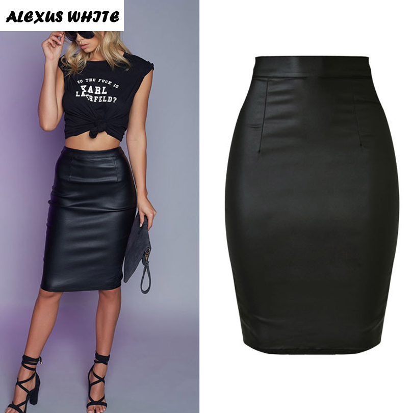 

Faux Leather Punk Skirt Female 2017 Autumn Women' Slim Elastic Pencil Skirts Motorcycle Back Zipper Split Skirt Black XXXL