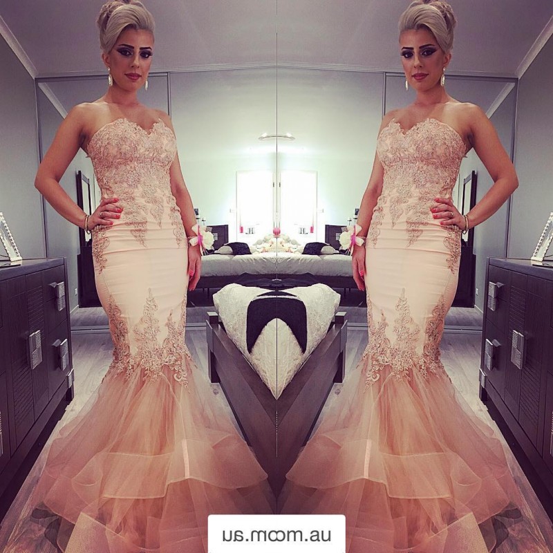 

Sexy Tulle Train Mermaid Prom Dresses Lace Appliques Sweetheart Zipper Backless Party Dresses Cheap Saudi Arabia Celebrity Pageant Prom Gown, Champagne