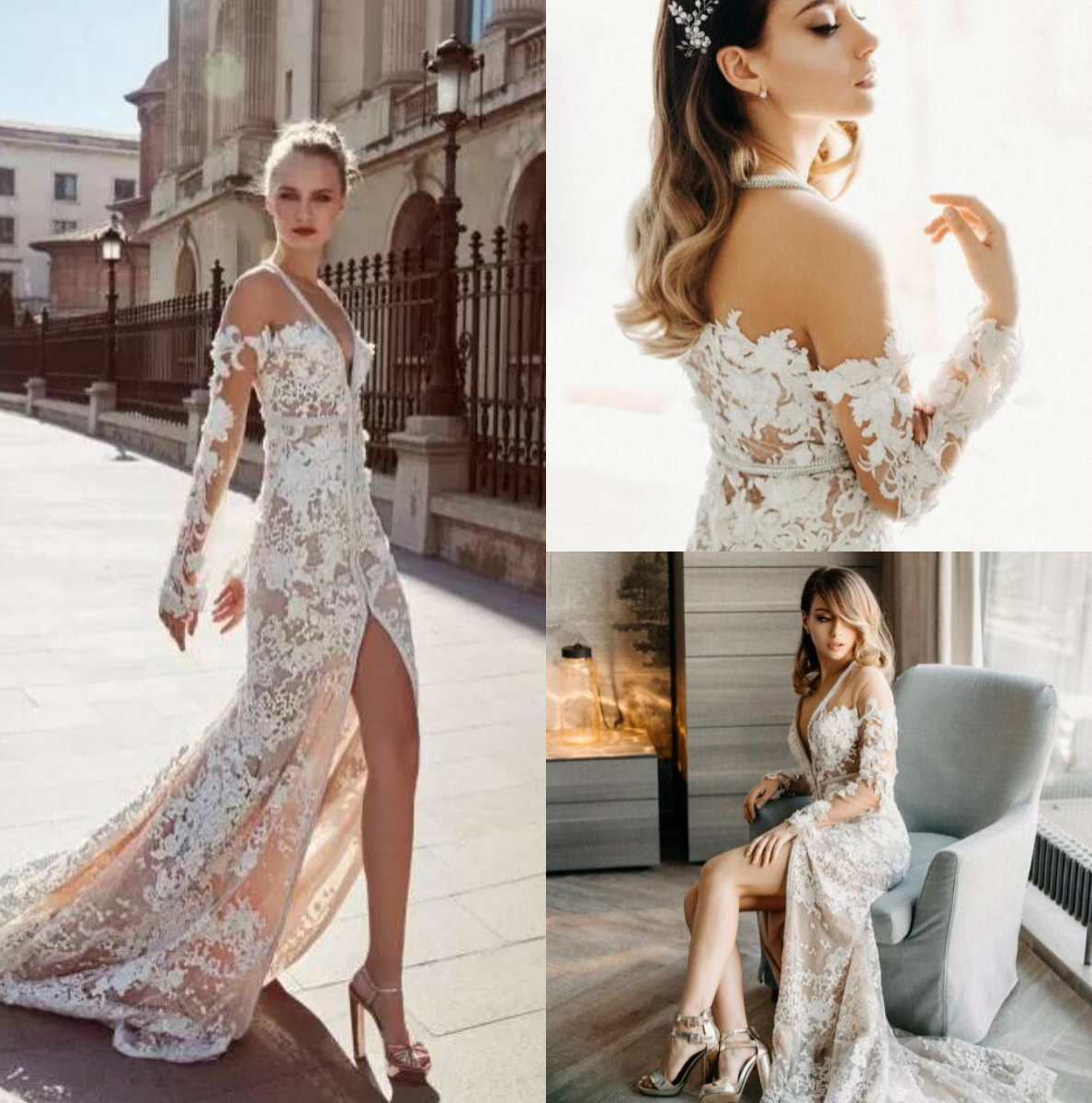 

modest beach wedding dresses high split sexy v neck bridal gowns with sleeves custom made lace bohemia mermaid wedding dress, Pink