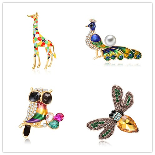 

Fashion Jewelry Giraffe peacock owl bee animals Gold Plated Tone Rhinestone Crystal Red Poppy Brooch Pin suit clothing accessories for ladie