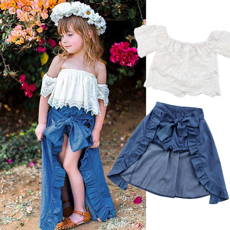 

2018 Fashion Children Girl Summer Clothes Off shoulder Lace White Tops+Denim Shorts Ruffles Bow Skirt Outfit Kids Clothing Set, Blue