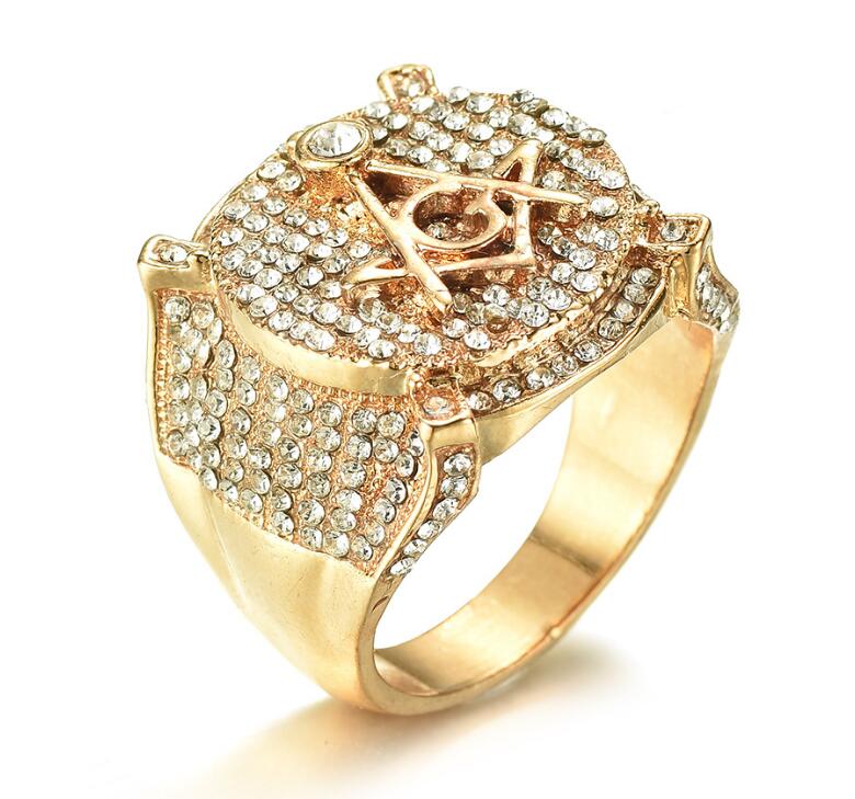 Wholesale New Trendy Vintage Luxury Masonic Rings with Simulated Diamond Hip-hop Men's Ring for Free Shipping