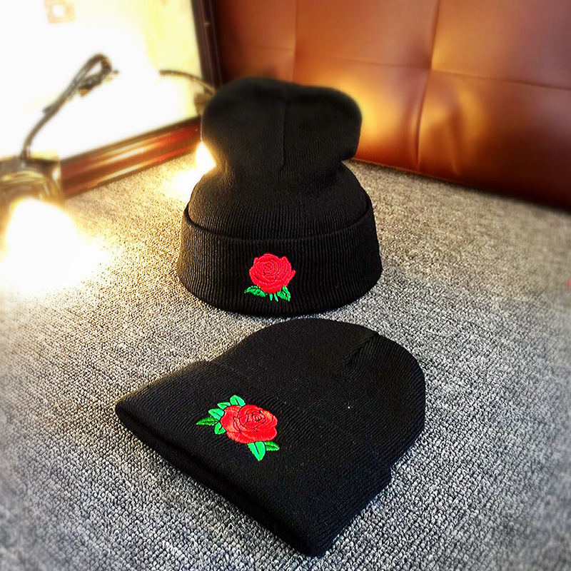 

Women Winter Hat with Embroided Rose Flower Solid Black Knitted Beanie Knitted Skullies Caps for Female Winter Hats for Women