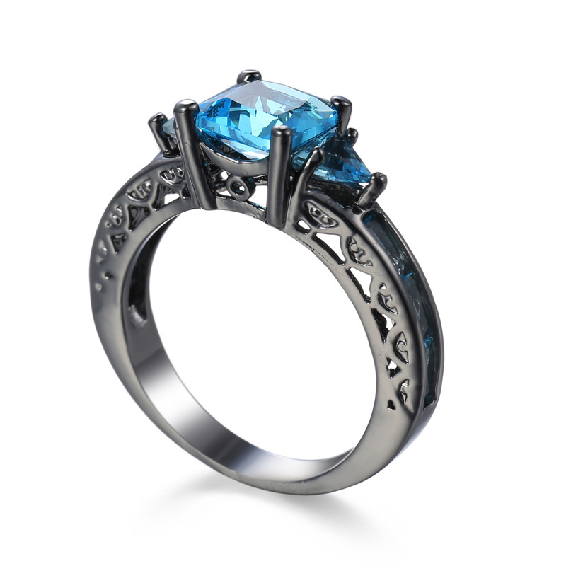 

Fashion Prong Blue Aquamarine Cubic Zirconia Black Gold Plated Ring Size 6/7/8/9/10 Women Men's Engagement Jewlery