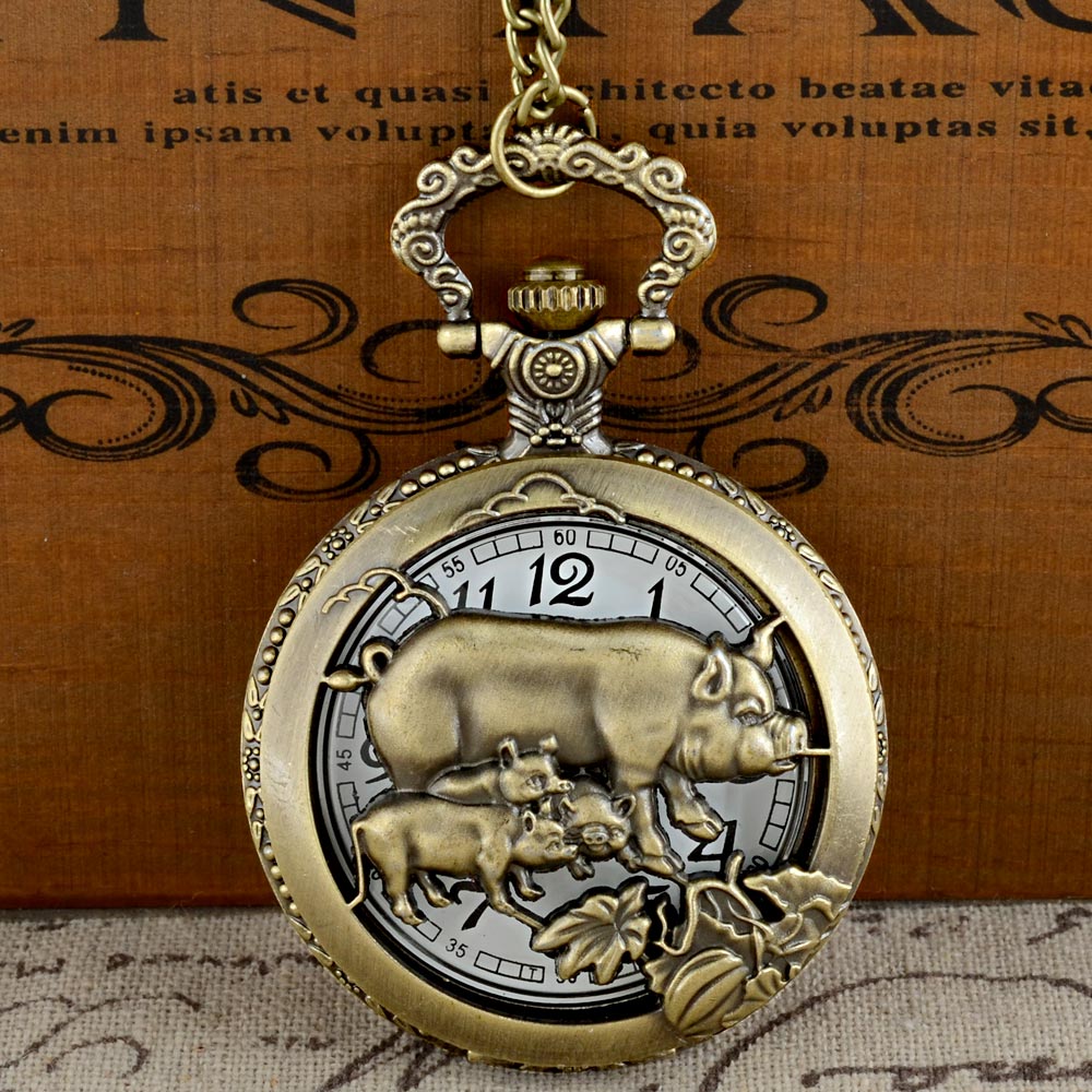 

Vintage Bronze Pig Graphic Quartz Pocket Watch with Chain Retro Men Women Classic Pendant Necklace Clock Gift, As pic