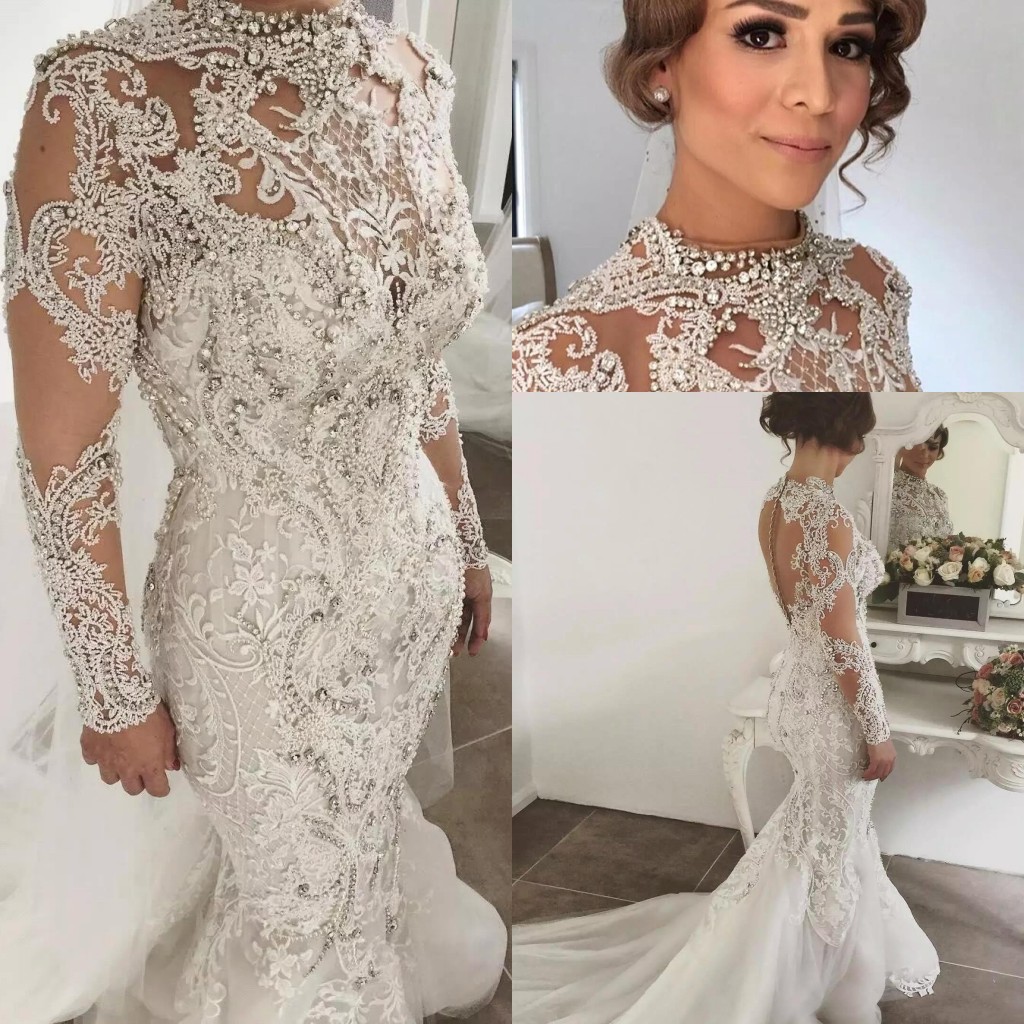 

Designer Bling Bling Beaded Wedding Dresses Mermaid High Neckline Long Sleeves Sweep Train Bridal Gowns Custom Made, White