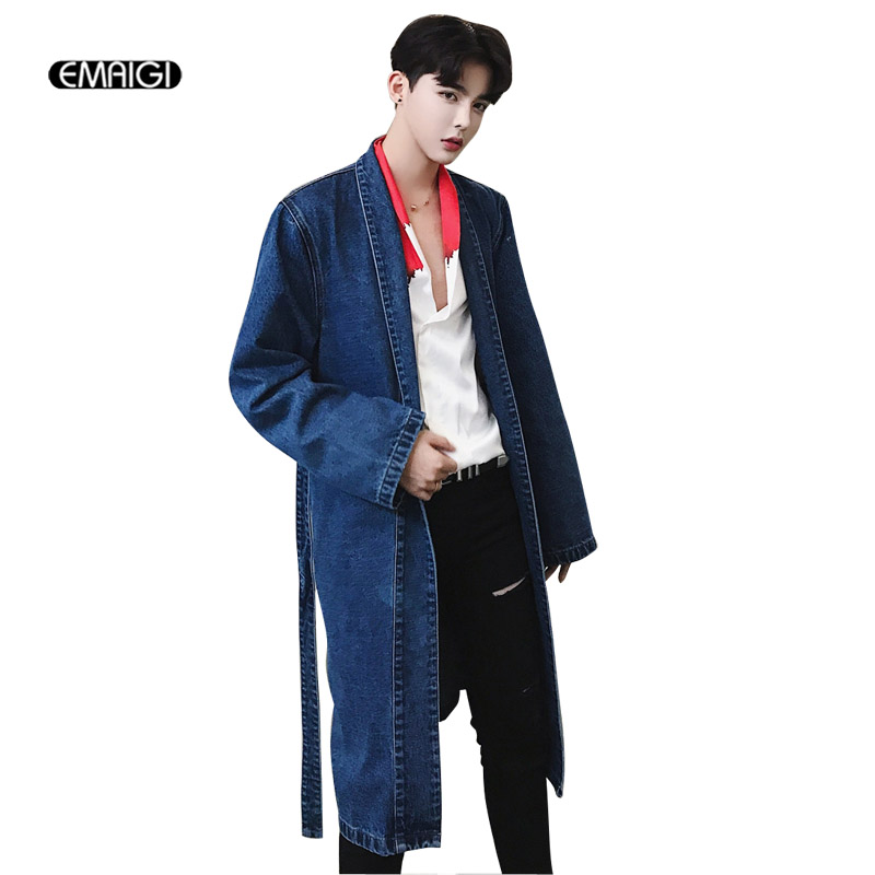 

Wholesale- Retro Denim Trench Coat Men Fashion Casual High Street Hip Hop Long Jean Trench Jacket Male Denim Overcoat, Black