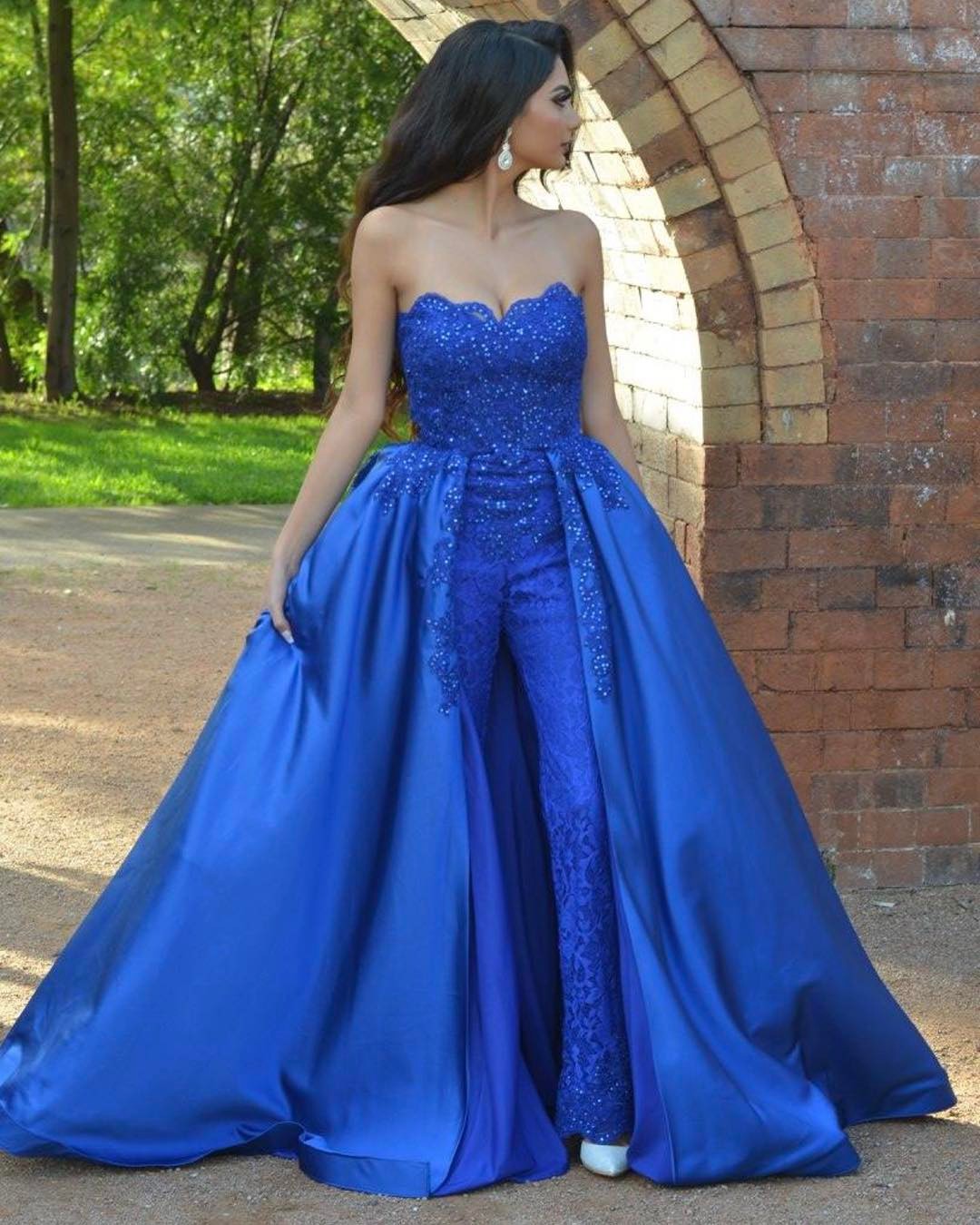 

Royal Blue Jumpsuits Lace Prom Dresses Strapless Neck Beaded Overskirt Evening Gowns Vestidos De Fiesta Sweep Train Appliqued Formal Dress, Purple