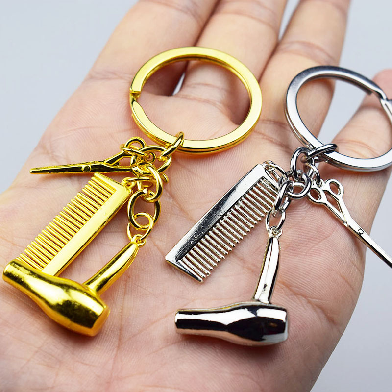 

New Personality Hair Dryer Combs Scissors Pendant Keychain Hairdressing Tools Key Ring Hair Stylist Key Chain Salon Creative Gift