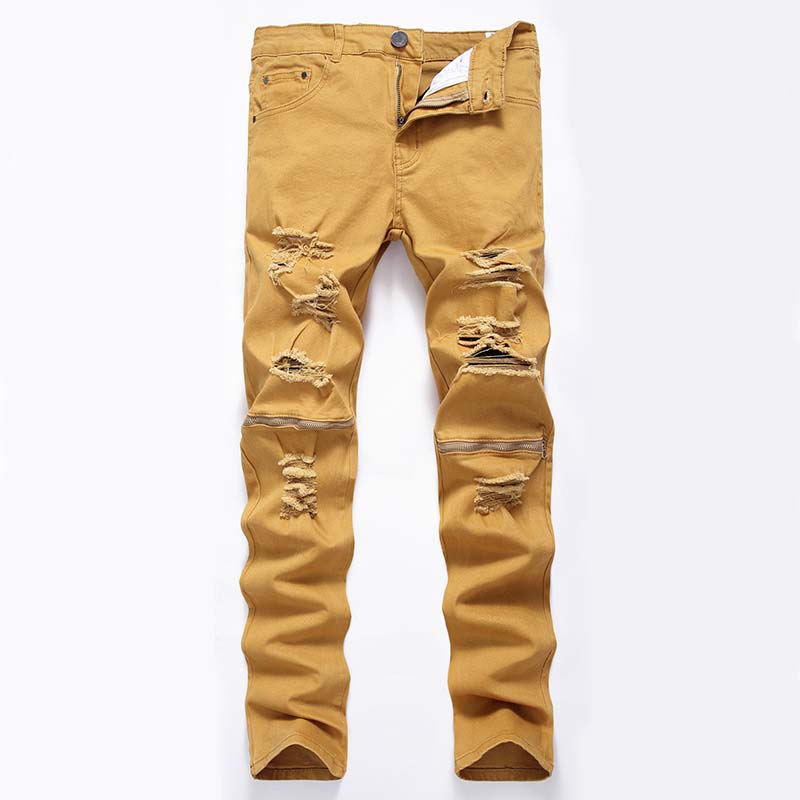 

Men Slim jeans Night Club denim Causual Knee Holes Zipper hiphop pants Washed high quality, T-602