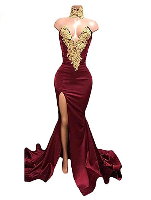

2018 New Elegant Sexy Burgundy Prom Dresses with Gold Lace Appliqued Mermaid Front Split for 2018 Long Party Evening Wear Gowns Q82, Same as picture