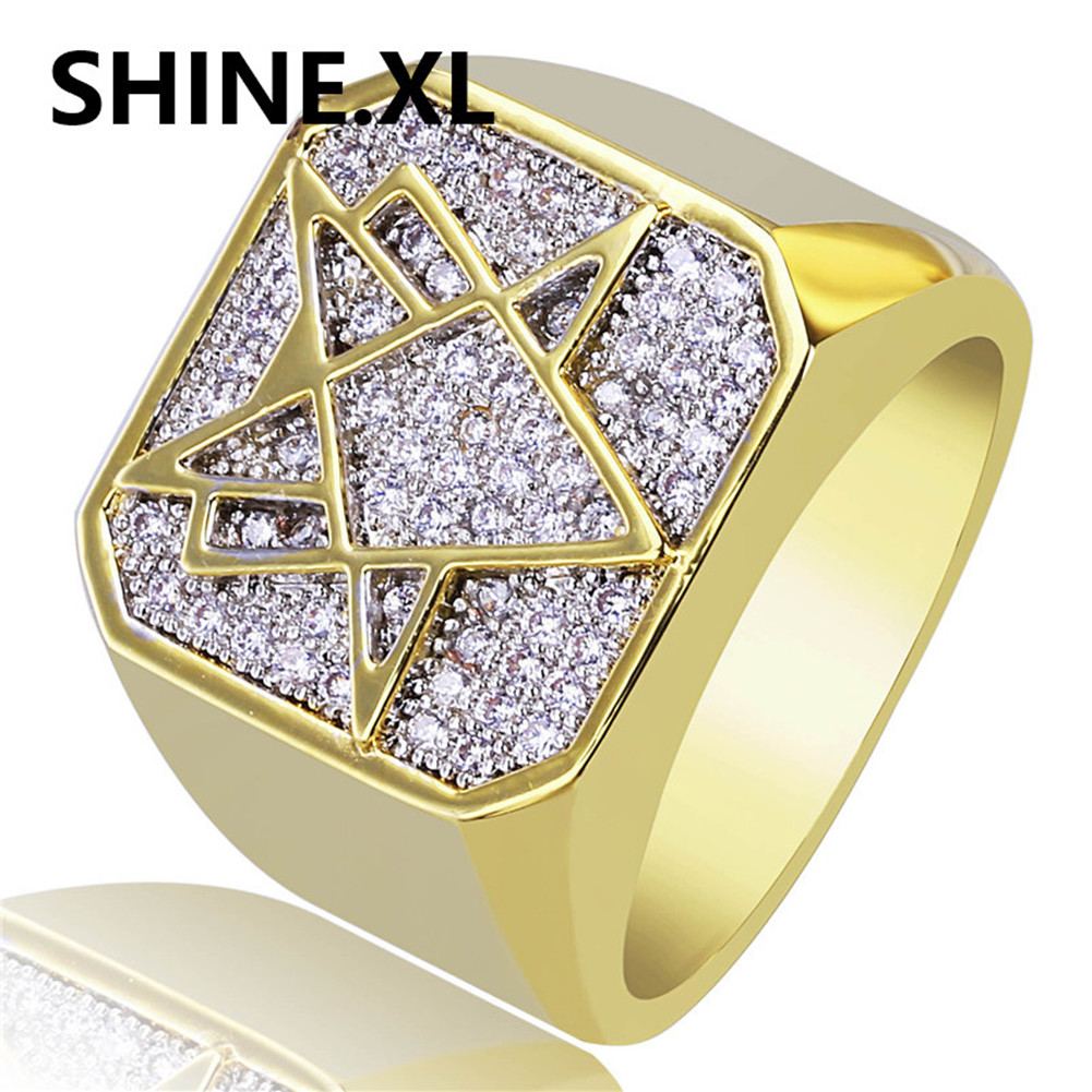New Custom Hip Hop Brass Gold Color Plated Rings Iced Out Cz Strone Geometric Shape Square Men 's Ring Jewerly