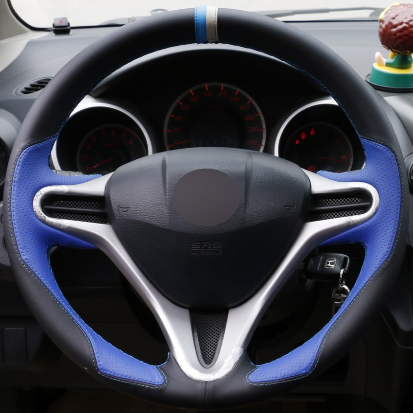 DIY Hand-stitched Car Steering Wheel Cover Black Blue Leather for Honda Fit 2009-2013 City Jazz-image-429804246