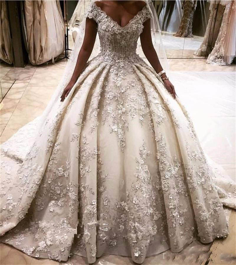 

2019 Luxury 3D Flower Appliques Wedding Dresses Off Shoulder Crystal Beads Princess Bridal Gowns Long Cathedral Train vestidos largos, Pink