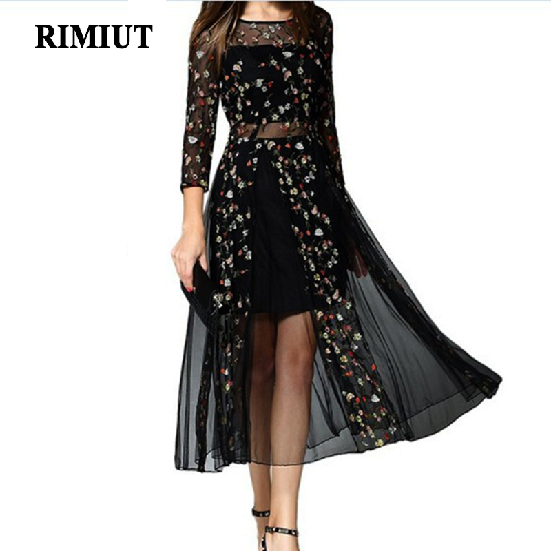 

Rimiut Mexican Dress Women Spring Summer Embroidered Mesh Long Dress Boho People 2018 High Quality Designer Net Yarn, Black