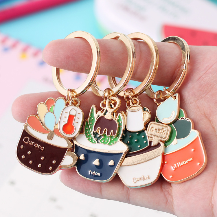 

enamel Cactus keychains women Succulent Potted keychain beach style hat rings creative car key holder cute key finder bag rings