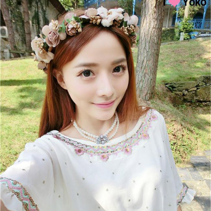 

HotSale Fashion Women Bride Flowers Headband Bohemian Style Rose Flower Crown Hairband Ladies Elastic Beach Hair Accessories
