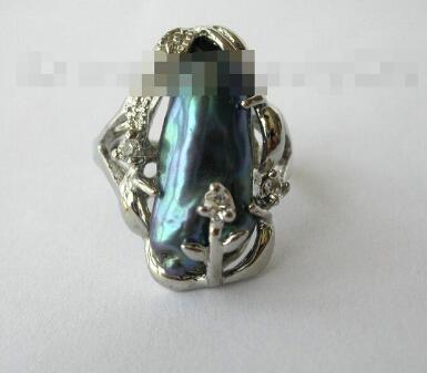 

Free ShippinG 2167 black baroque biwa freshwater cultured pearl ring, Silver