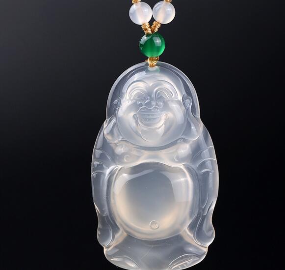 Chinois naturel noir vert jade sculpté Laughing Buddha Lucky Pendentif Collier