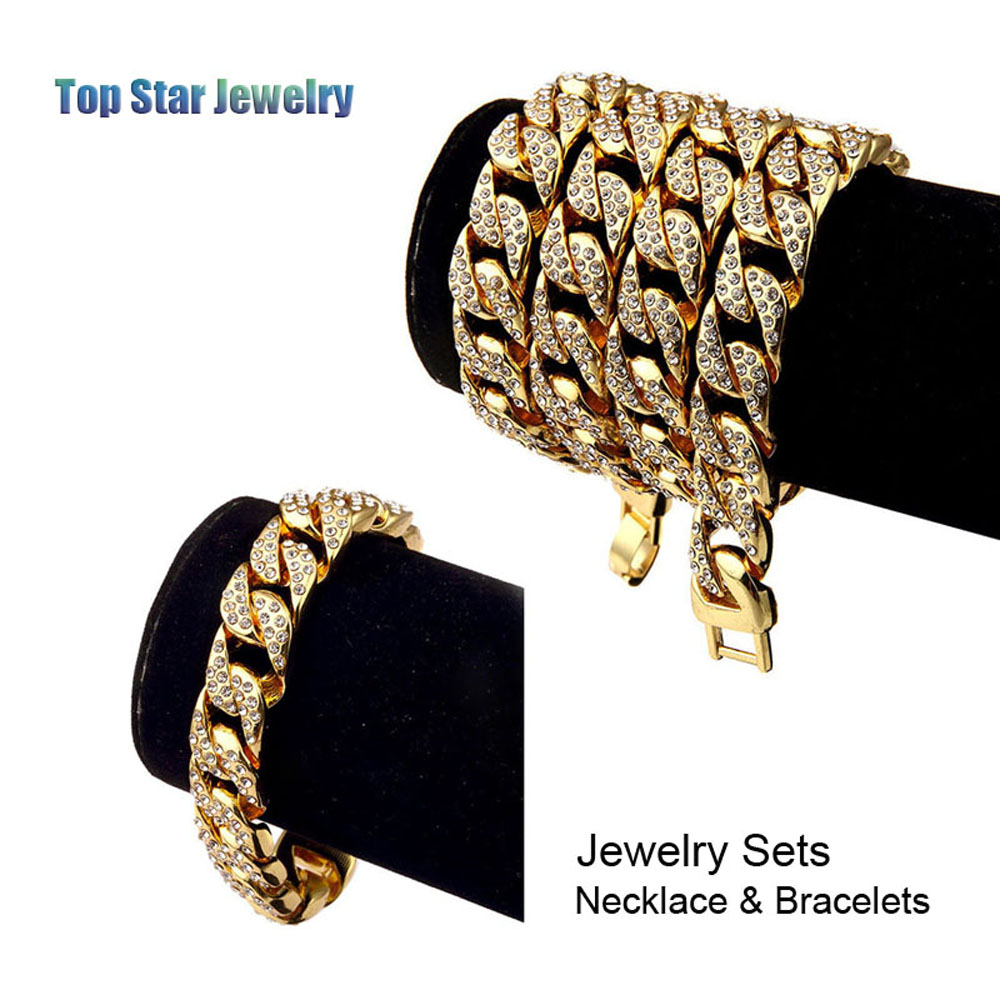 

Hip Hop ICED OUT Jewelry Sets 24K Gold Plated Full Diamond Necklace & Bracelet 2pcs Set Men MIAMI CUBAN LINK CHAIN Bling Bling Accessory, Golden