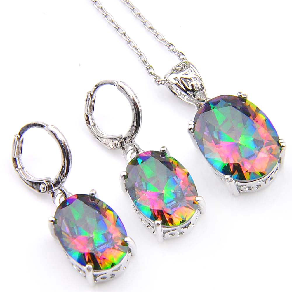 

Novel Luckyshine 5 Sets Rainbow Ellipse Mystic Topaz Gems 925 Silver Pendants Necklaces Earrings Zircon Jewelry Sets