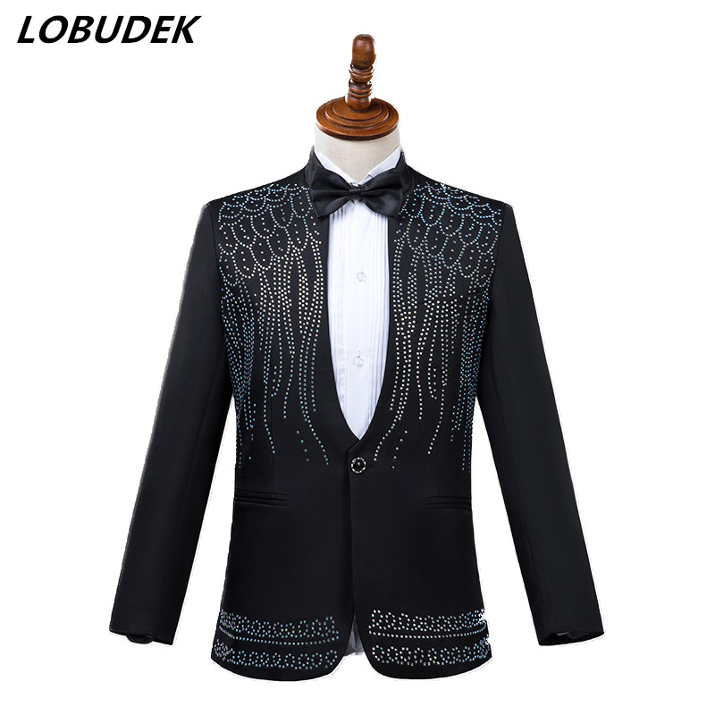

(Jacket+Pants) Formal male suits Flashing Crystals Black White Slim Blazers Host singer dancer Master for Wedding Prom Party Stage costumes