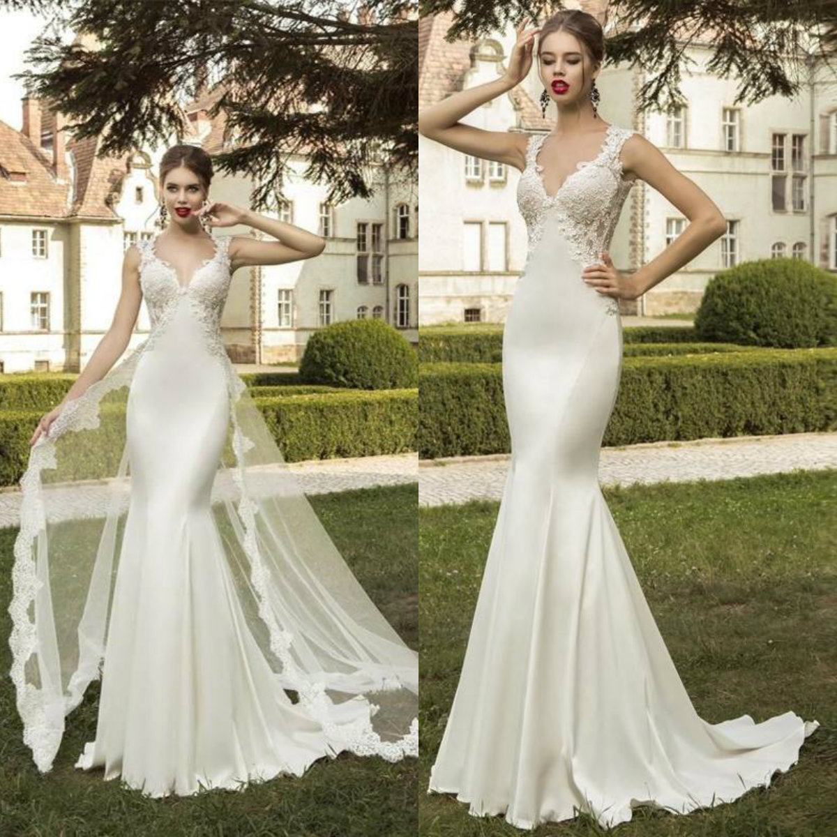 

2018 Vintage Mermaid Wedding Dress Sweetheart Lace Appliques Removable Train Satin Garden Bridal Gowns Custom Made, White