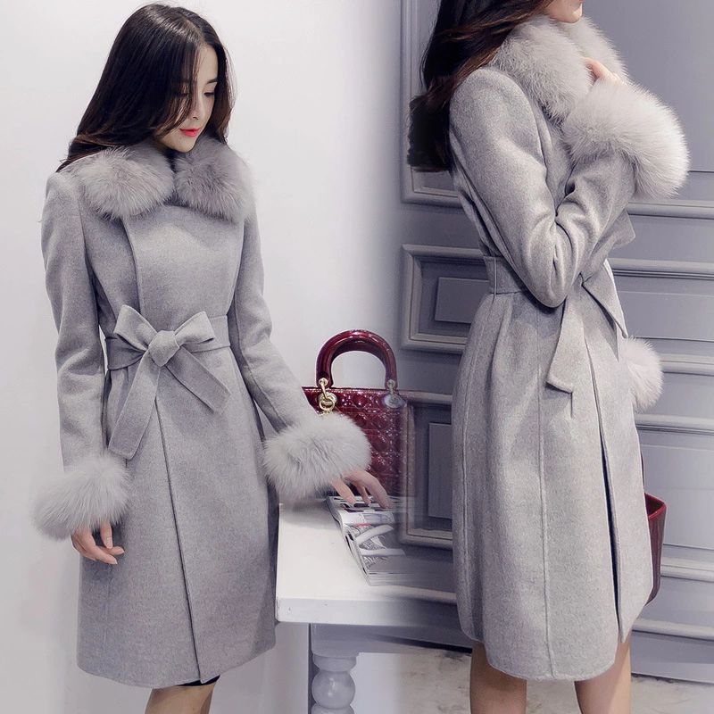 2018 Autumn Winter Woman Overcoat Wool Blends Coat Faux Fur Collar Outerwear Coats Long Tops Woolen Cloth Garment Ladies' Coat C3669