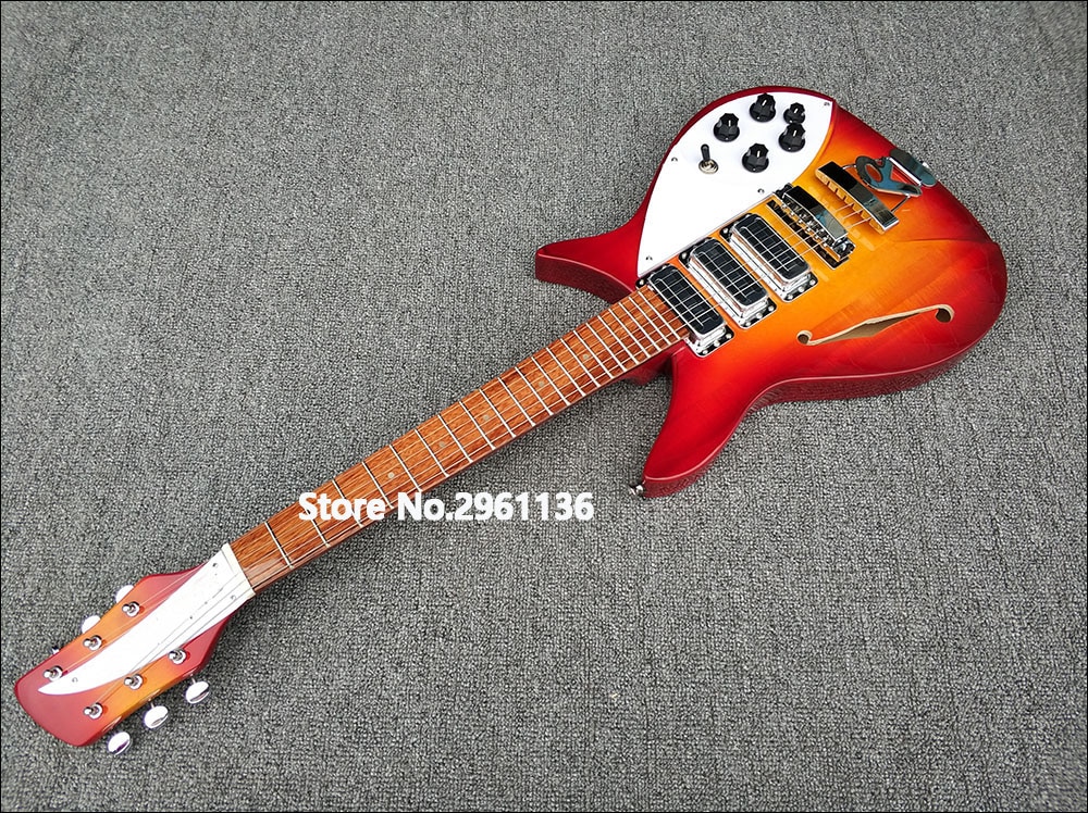 

John Lennon 325 Short Scale 527 Cherry Sunburst Electric Guitar Semi Hollow Body, 3 Toaster Pickups, Single F Hole, Lacquer Painted Fretboard, R Tailpiece