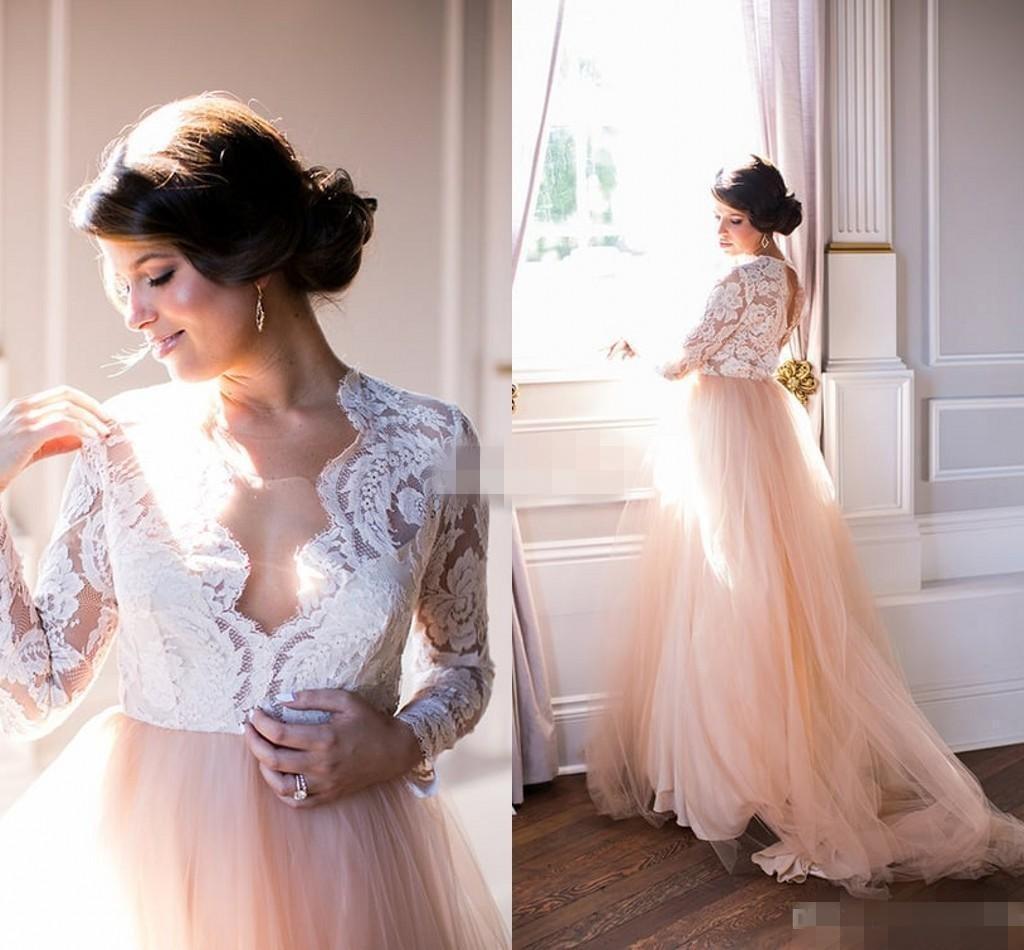 

Romantic V neck Champagne Boho Wedding Dresses Bridal Gowns Illusion Long Sleeves Tulle Court Train Lace Hollow Applique Cheap