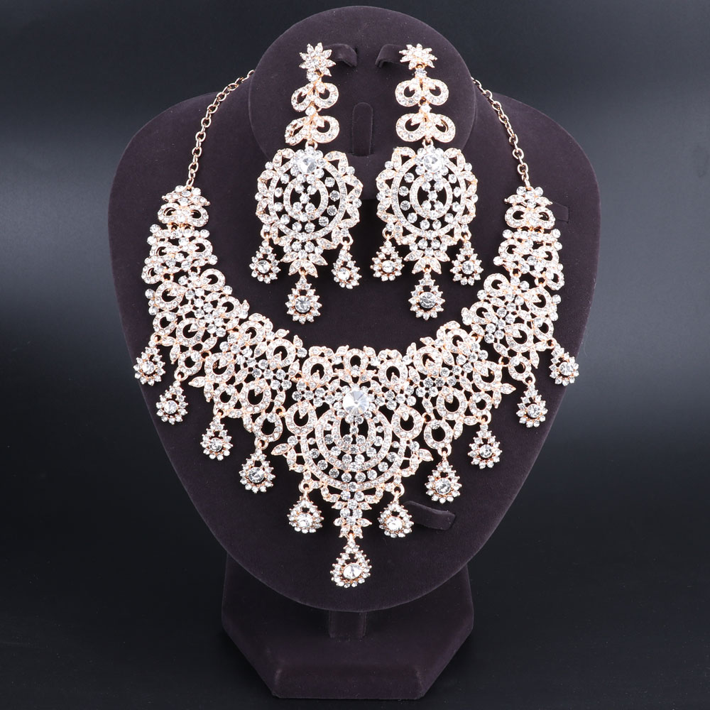 

Fashion Gold Plated Crystal Necklace Earrings Bridal Jewelry Sets For Brides Party Wedding Costume Accessories Decoration
