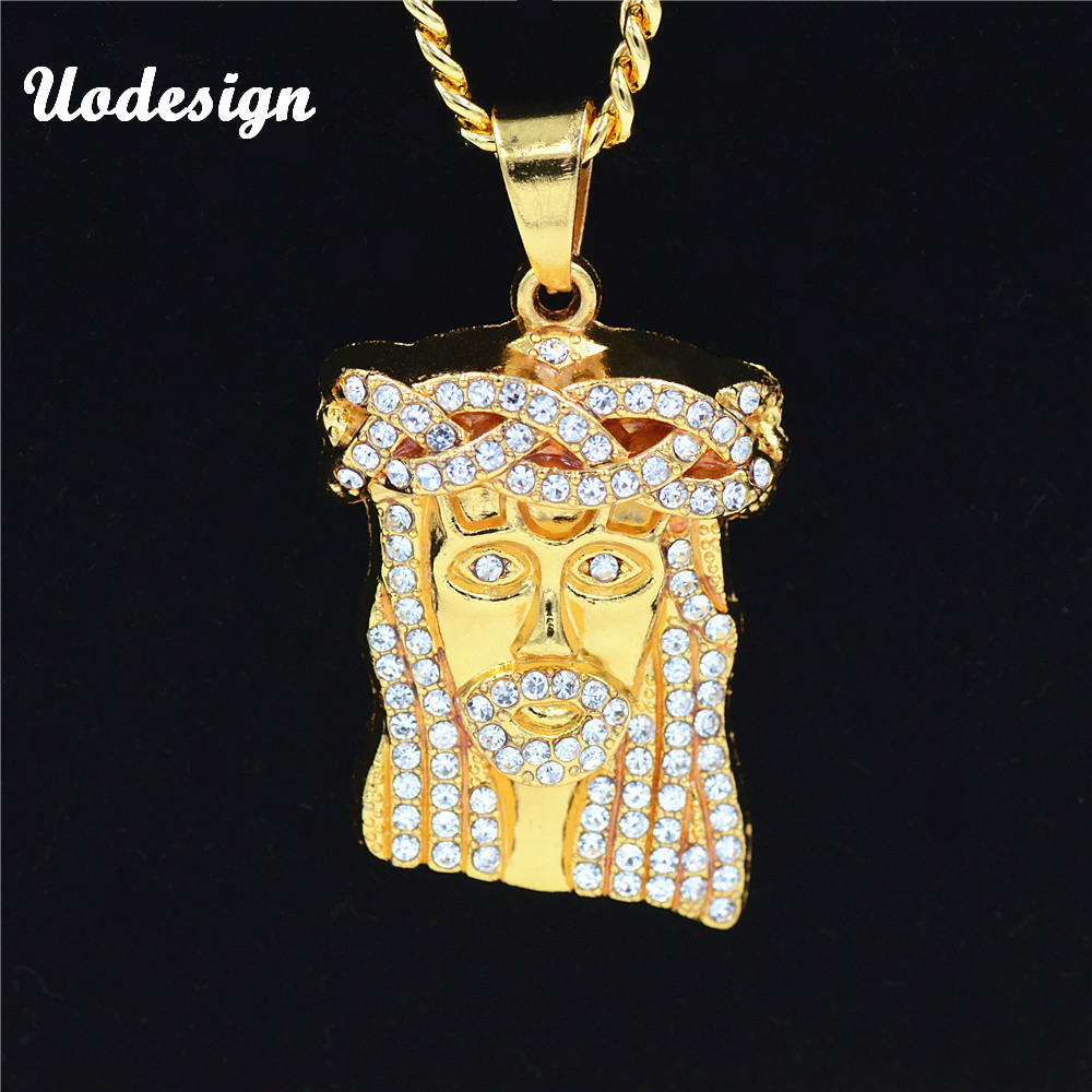 

Uodesign HIP Hop Iced Out Crystal JESUS Christ Piece Head Face Pendants Necklaces Gold Chain for Men Jewelry